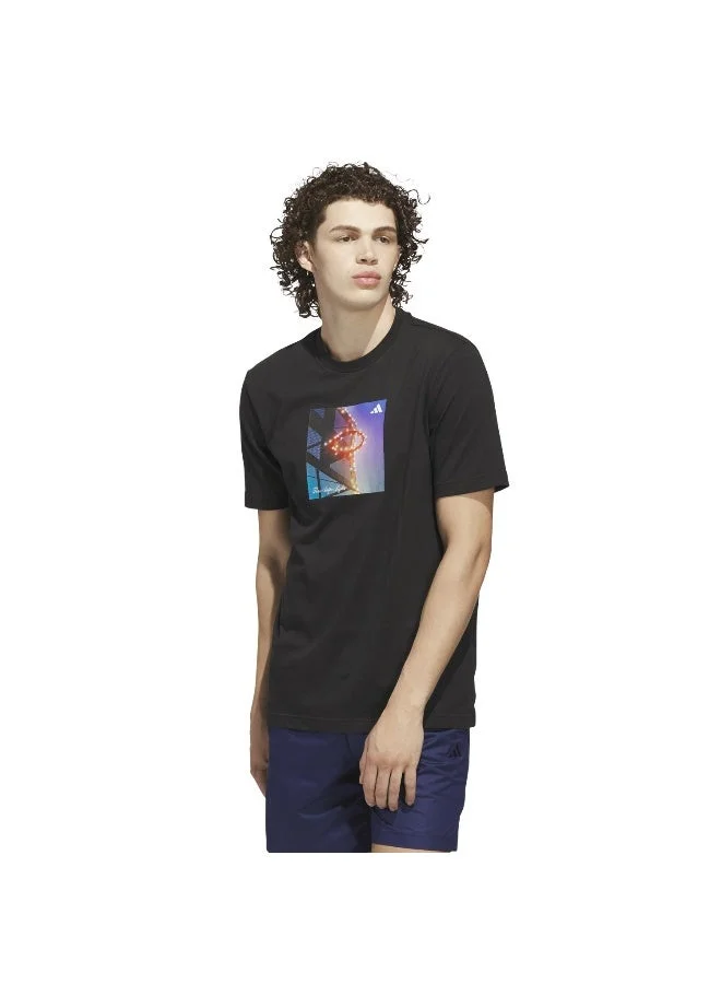 اديداس تيشيرت رجالي أسود مطبوع بأكمام قصيرة